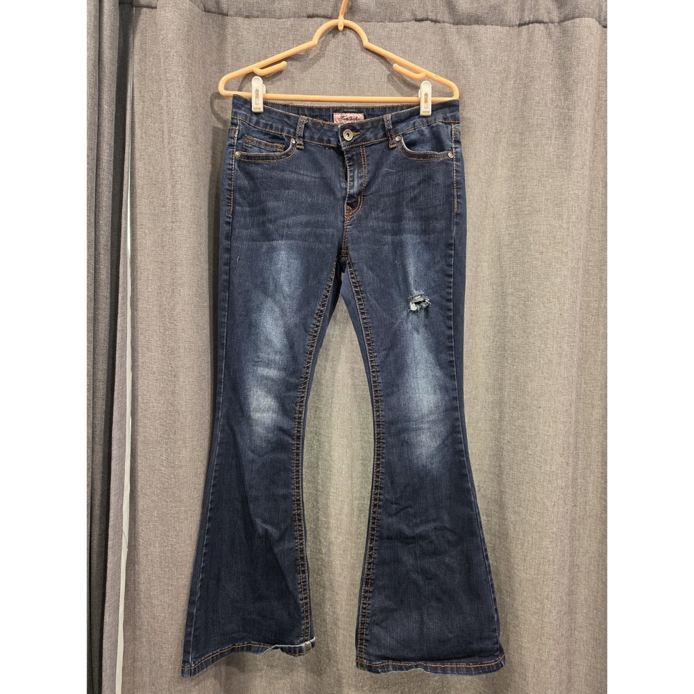 True Luck Girls Bootcut Jeans Size 13/14 Dark Wash Stretch Denim Distressed Knee